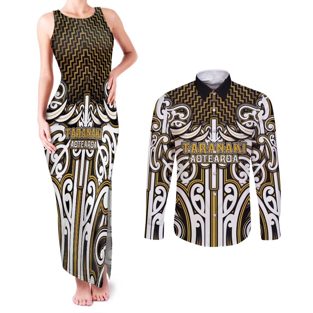 Custom Aotearoa Taranaki Couples Matching Tank Maxi Dress and Long Sleeve Button Shirt Maori Tribal Pattern Mix Poutama LT05 Yellow - Polynesian Pride