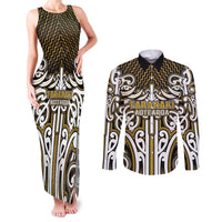 Custom Aotearoa Taranaki Couples Matching Tank Maxi Dress and Long Sleeve Button Shirt Maori Tribal Pattern Mix Poutama LT05 Yellow - Polynesian Pride