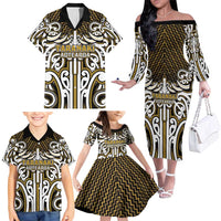 Custom Aotearoa Taranaki Family Matching Off The Shoulder Long Sleeve Dress and Hawaiian Shirt Maori Tribal Pattern Mix Poutama