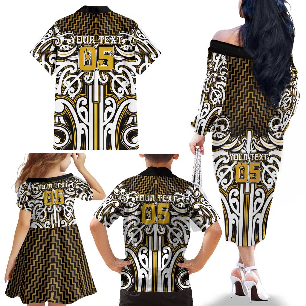 Custom Aotearoa Taranaki Family Matching Off The Shoulder Long Sleeve Dress and Hawaiian Shirt Maori Tribal Pattern Mix Poutama