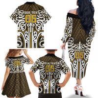 Custom Aotearoa Taranaki Family Matching Off The Shoulder Long Sleeve Dress and Hawaiian Shirt Maori Tribal Pattern Mix Poutama