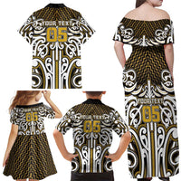 Custom Aotearoa Taranaki Family Matching Off Shoulder Maxi Dress and Hawaiian Shirt Maori Tribal Pattern Mix Poutama