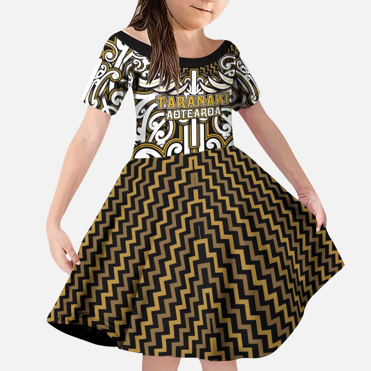 Custom Aotearoa Taranaki Kid Short Sleeve Dress Maori Tribal Pattern Mix Poutama LT05 KID Yellow - Polynesian Pride
