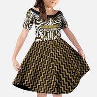Custom Aotearoa Taranaki Kid Short Sleeve Dress Maori Tribal Pattern Mix Poutama LT05 KID Yellow - Polynesian Pride