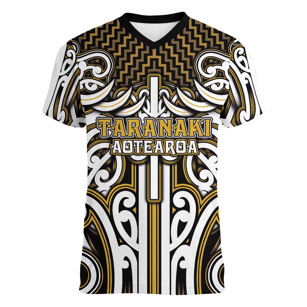 Custom Aotearoa Taranaki Women V-Neck T-Shirt Maori Tribal Pattern Mix Poutama LT05 Female Yellow - Polynesian Pride