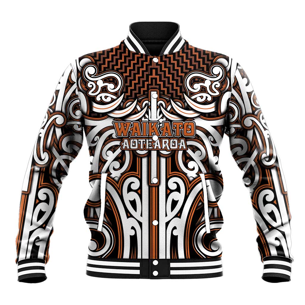 Custom Aotearoa Waikato Baseball Jacket Maori Tribal Pattern Mix Poutama LT05 Unisex Orange - Polynesian Pride