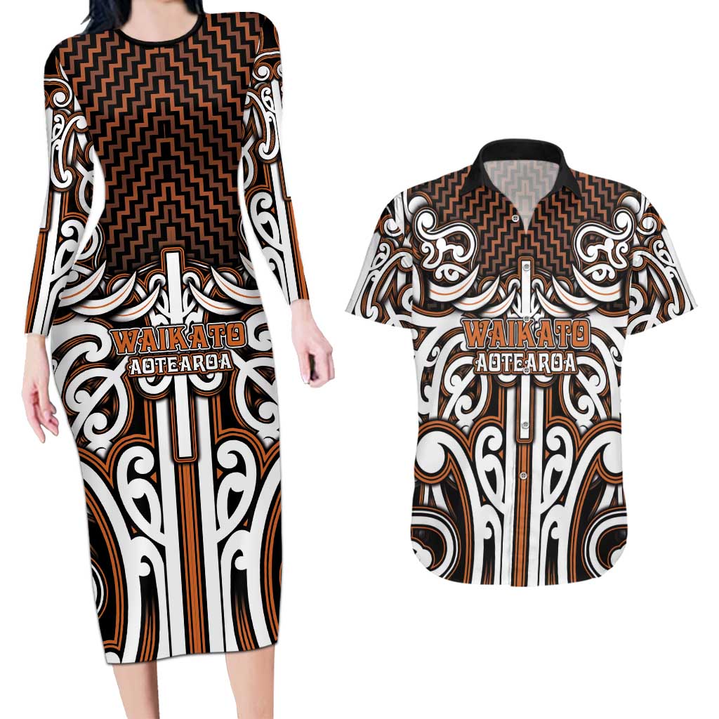 Custom Aotearoa Waikato Couples Matching Long Sleeve Bodycon Dress and Hawaiian Shirt Maori Tribal Pattern Mix Poutama