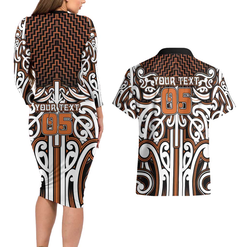 Custom Aotearoa Waikato Couples Matching Long Sleeve Bodycon Dress and Hawaiian Shirt Maori Tribal Pattern Mix Poutama