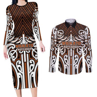 Custom Aotearoa Waikato Couples Matching Long Sleeve Bodycon Dress and Long Sleeve Button Shirt Maori Tribal Pattern Mix Poutama LT05 Orange - Polynesian Pride