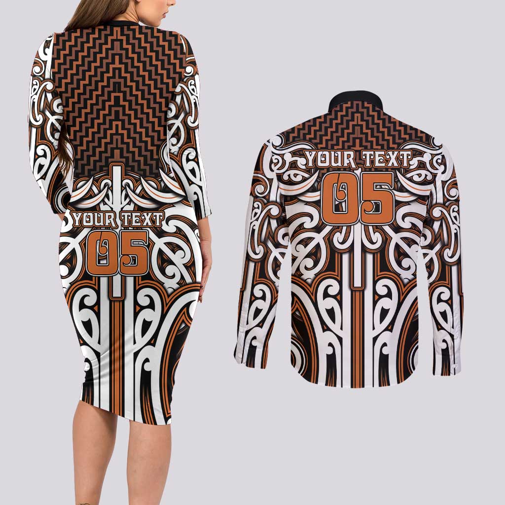 Custom Aotearoa Waikato Couples Matching Long Sleeve Bodycon Dress and Long Sleeve Button Shirt Maori Tribal Pattern Mix Poutama LT05 - Polynesian Pride
