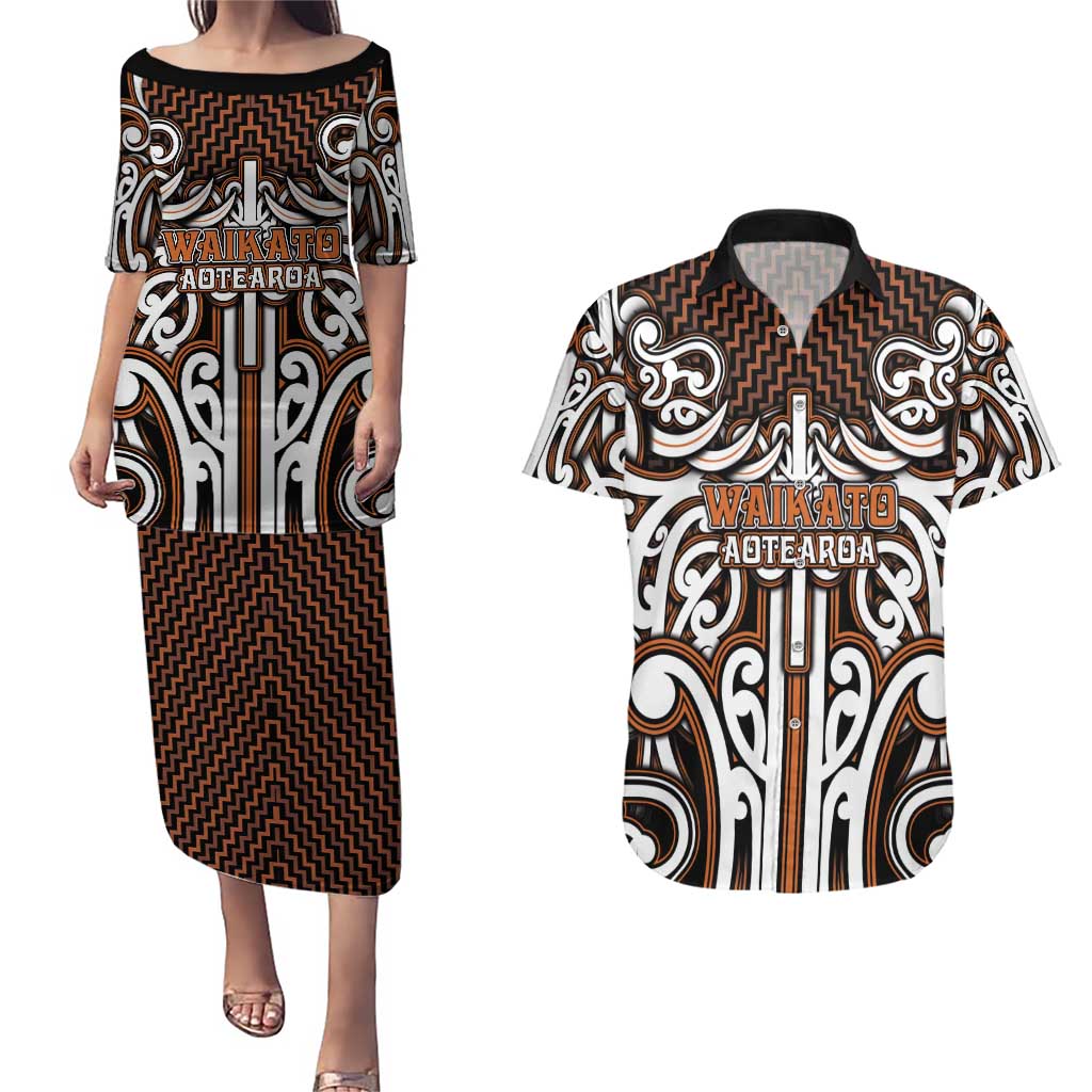 Custom Aotearoa Waikato Couples Matching Puletasi and Hawaiian Shirt Maori Tribal Pattern Mix Poutama LT05 Orange - Polynesian Pride