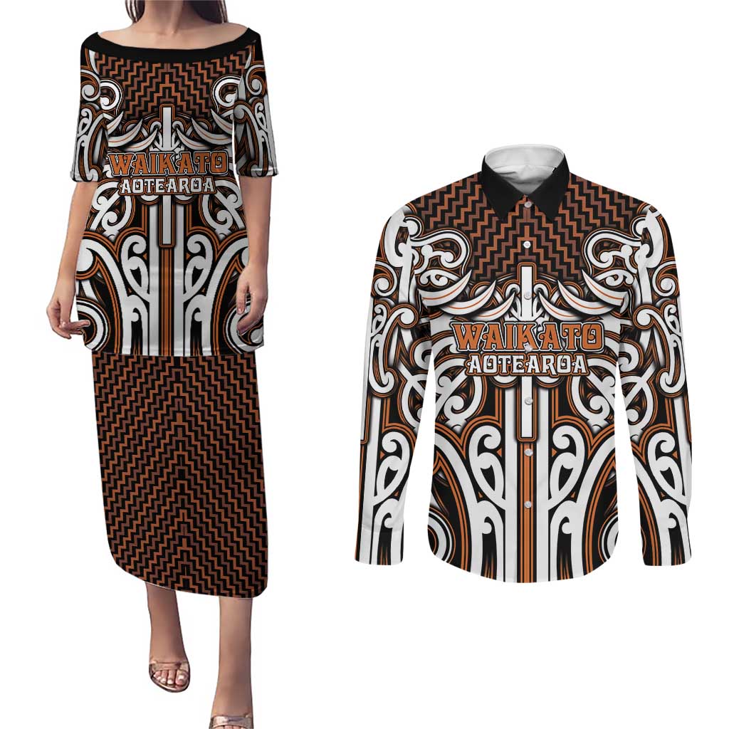 Custom Aotearoa Waikato Couples Matching Puletasi and Long Sleeve Button Shirt Maori Tribal Pattern Mix Poutama LT05 Orange - Polynesian Pride