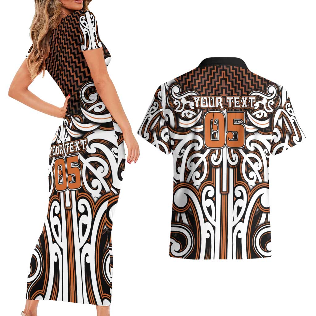 Custom Aotearoa Waikato Couples Matching Short Sleeve Bodycon Dress and Hawaiian Shirt Maori Tribal Pattern Mix Poutama