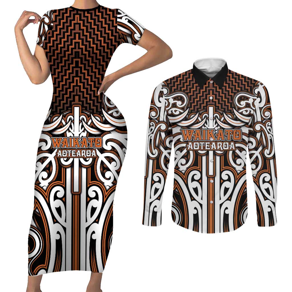 Custom Aotearoa Waikato Couples Matching Short Sleeve Bodycon Dress and Long Sleeve Button Shirt Maori Tribal Pattern Mix Poutama LT05 Orange - Polynesian Pride