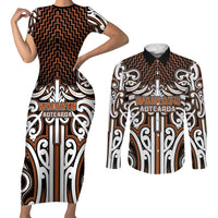 Custom Aotearoa Waikato Couples Matching Short Sleeve Bodycon Dress and Long Sleeve Button Shirt Maori Tribal Pattern Mix Poutama LT05 Orange - Polynesian Pride
