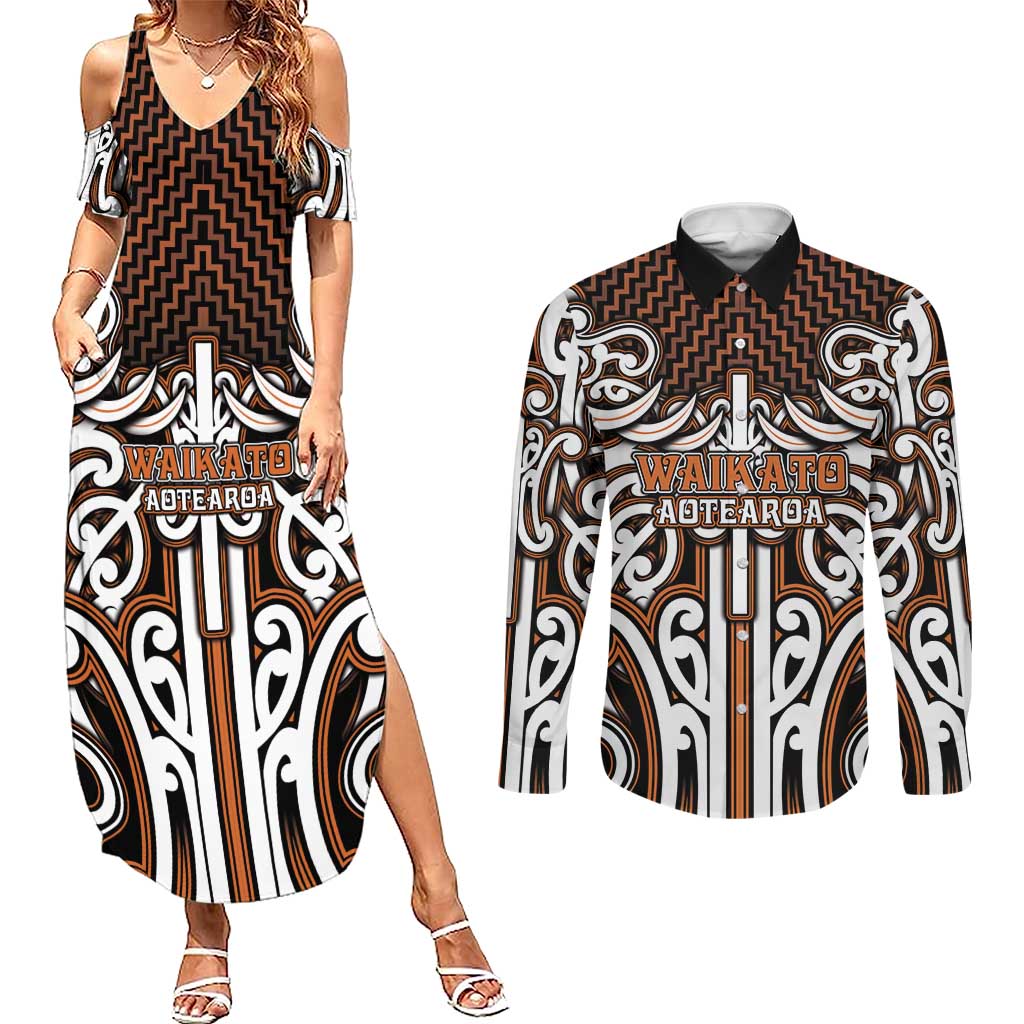 Custom Aotearoa Waikato Couples Matching Summer Maxi Dress and Long Sleeve Button Shirt Maori Tribal Pattern Mix Poutama