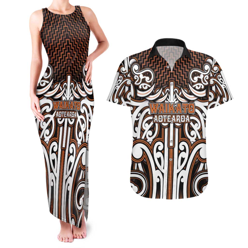 Custom Aotearoa Waikato Couples Matching Tank Maxi Dress and Hawaiian Shirt Maori Tribal Pattern Mix Poutama LT05 Orange - Polynesian Pride