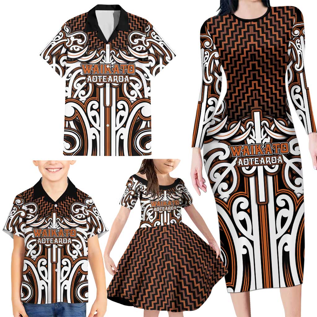 Custom Aotearoa Waikato Family Matching Long Sleeve Bodycon Dress and Hawaiian Shirt Maori Tribal Pattern Mix Poutama LT05 - Polynesian Pride