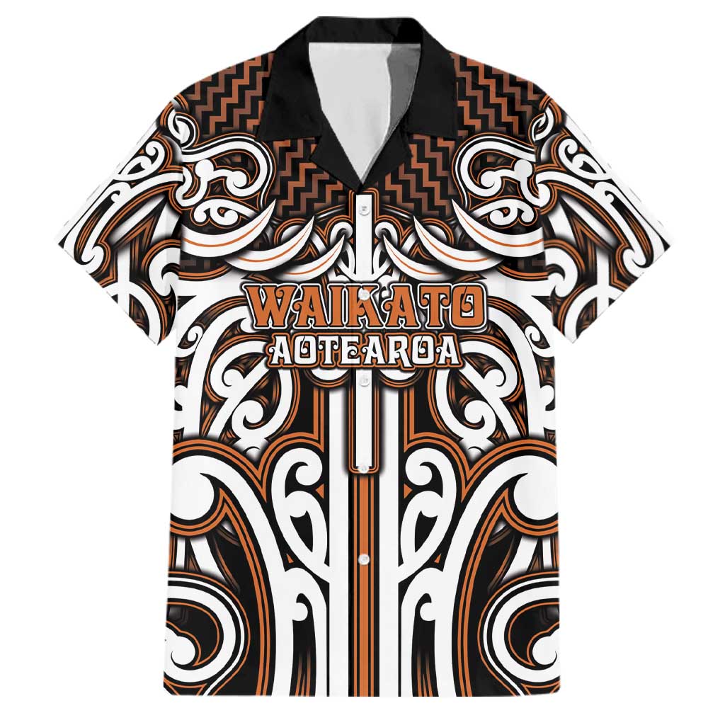 Custom Aotearoa Waikato Family Matching Long Sleeve Bodycon Dress and Hawaiian Shirt Maori Tribal Pattern Mix Poutama LT05 Dad's Shirt - Short Sleeve Orange - Polynesian Pride
