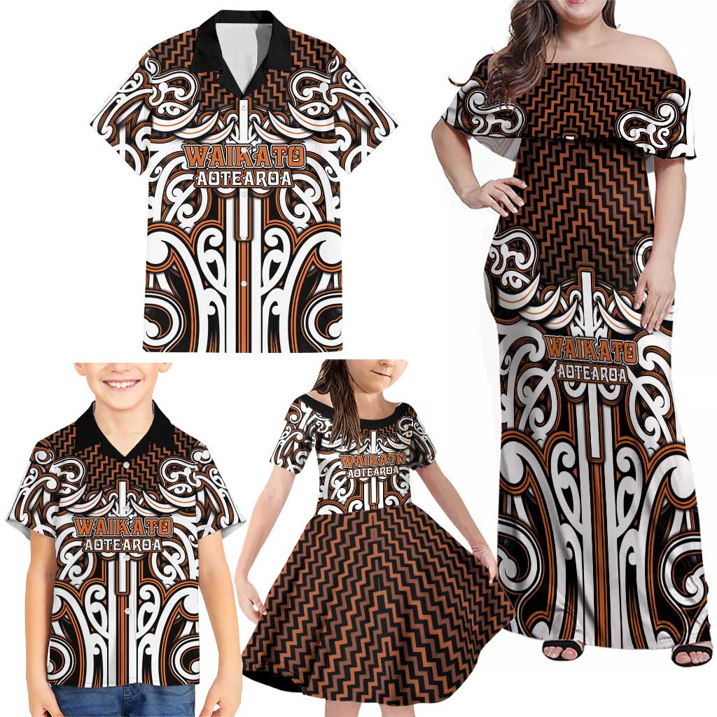 Custom Aotearoa Waikato Family Matching Off Shoulder Maxi Dress and Hawaiian Shirt Maori Tribal Pattern Mix Poutama