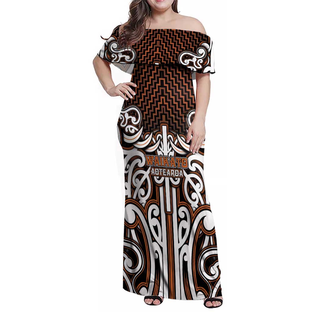 Custom Aotearoa Waikato Family Matching Off Shoulder Maxi Dress and Hawaiian Shirt Maori Tribal Pattern Mix Poutama
