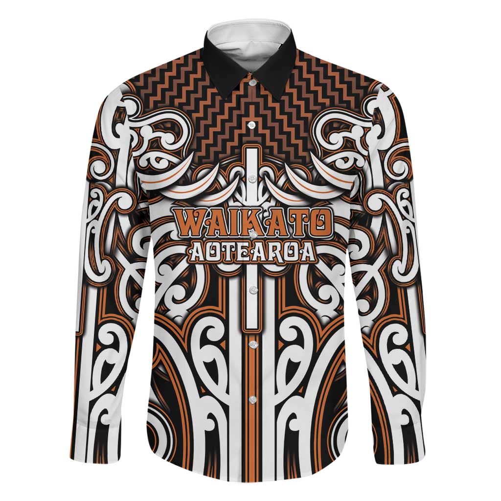 Custom Aotearoa Waikato Family Matching Tank Maxi Dress and Hawaiian Shirt Maori Tribal Pattern Mix Poutama LT05 Dad's Shirt - Long Sleeve Orange - Polynesian Pride
