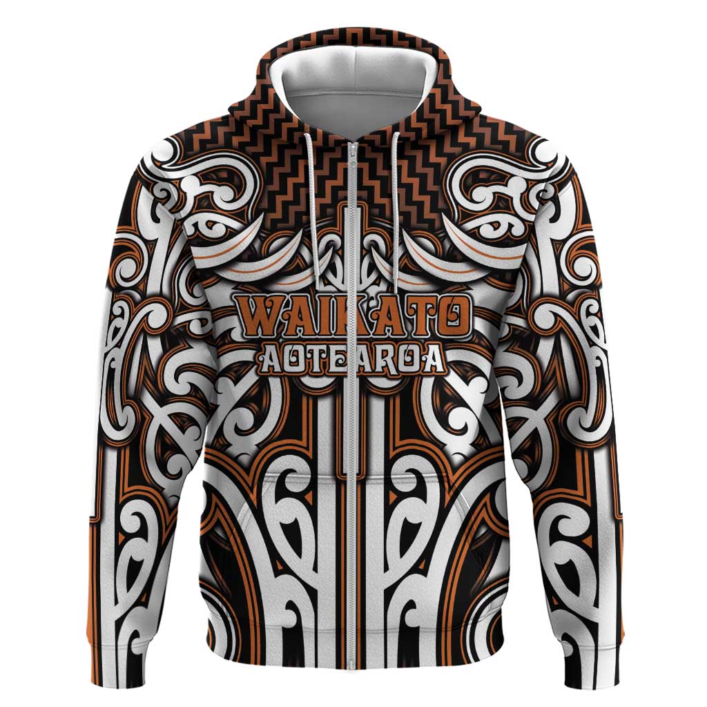 Custom Aotearoa Waikato Hoodie Maori Tribal Pattern Mix Poutama LT05 Zip Hoodie Orange - Polynesian Pride