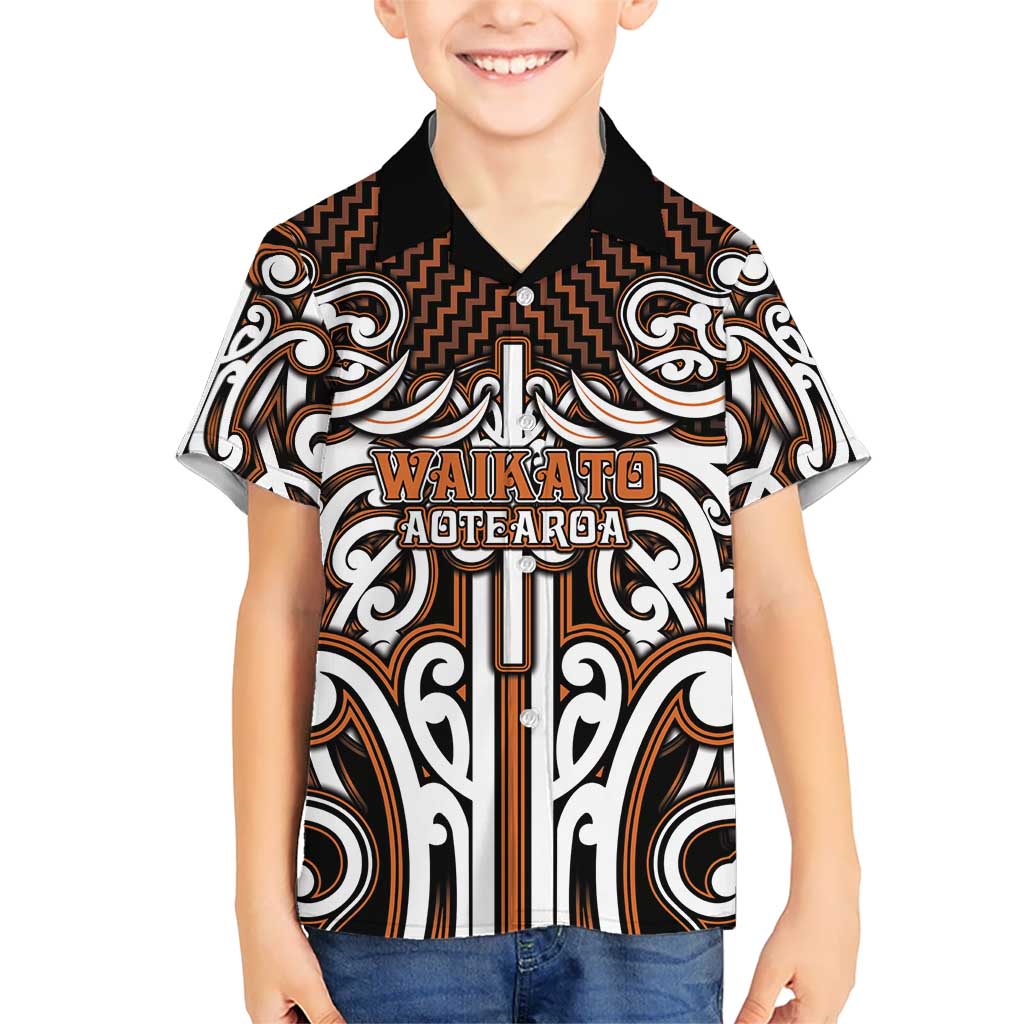 Custom Aotearoa Waikato Kid Hawaiian Shirt Maori Tribal Pattern Mix Poutama