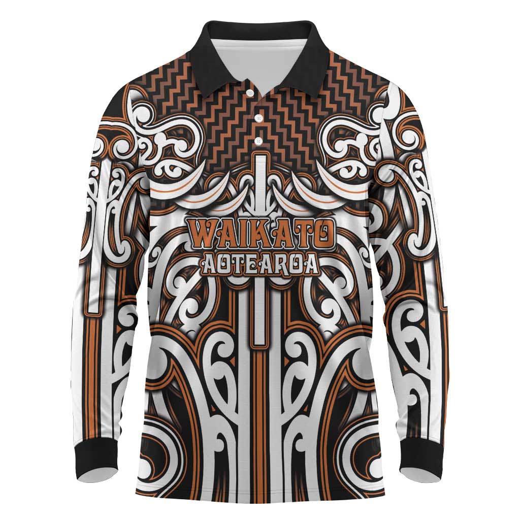 Custom Aotearoa Waikato Long Sleeve Polo Shirt Maori Tribal Pattern Mix Poutama