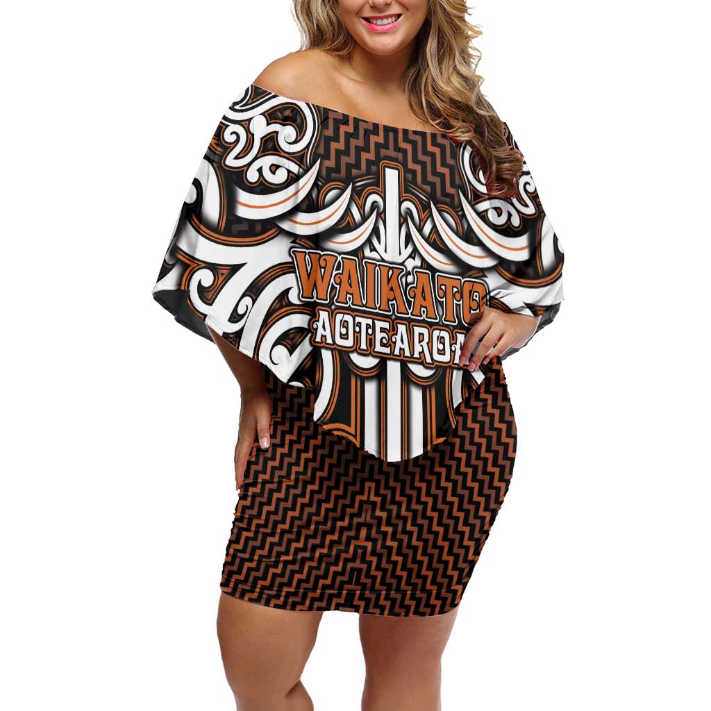 Custom Aotearoa Waikato Off Shoulder Short Dress Maori Tribal Pattern Mix Poutama LT05 Women Orange - Polynesian Pride