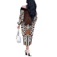 Custom Aotearoa Waikato Off The Shoulder Long Sleeve Dress Maori Tribal Pattern Mix Poutama