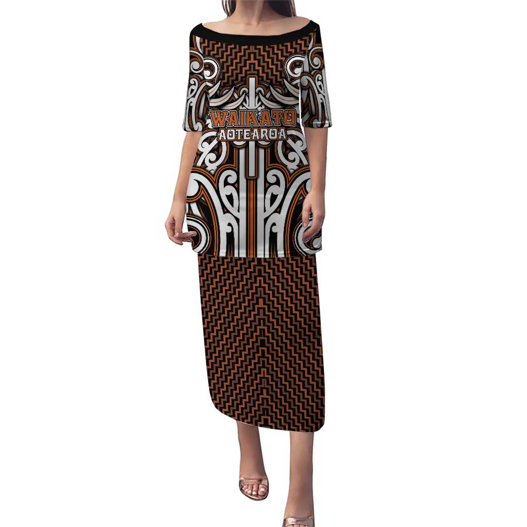 Custom Aotearoa Waikato Puletasi Maori Tribal Pattern Mix Poutama LT05 Long Dress Orange - Polynesian Pride