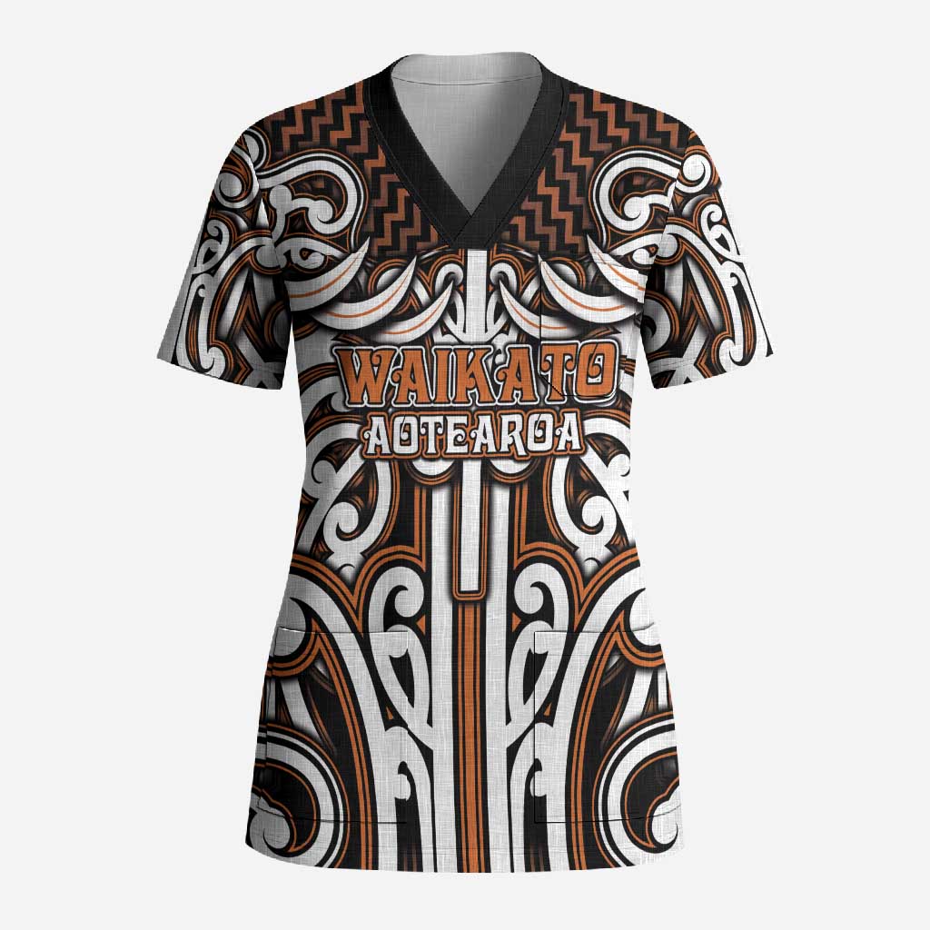 Custom Aotearoa Waikato Scrub Top Maori Tribal Pattern Mix Poutama LT05 Adult Orange - Polynesian Pride