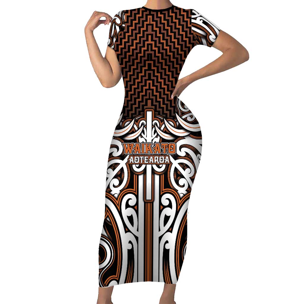 Custom Aotearoa Waikato Short Sleeve Bodycon Dress Maori Tribal Pattern Mix Poutama LT05 Long Dress Orange - Polynesian Pride