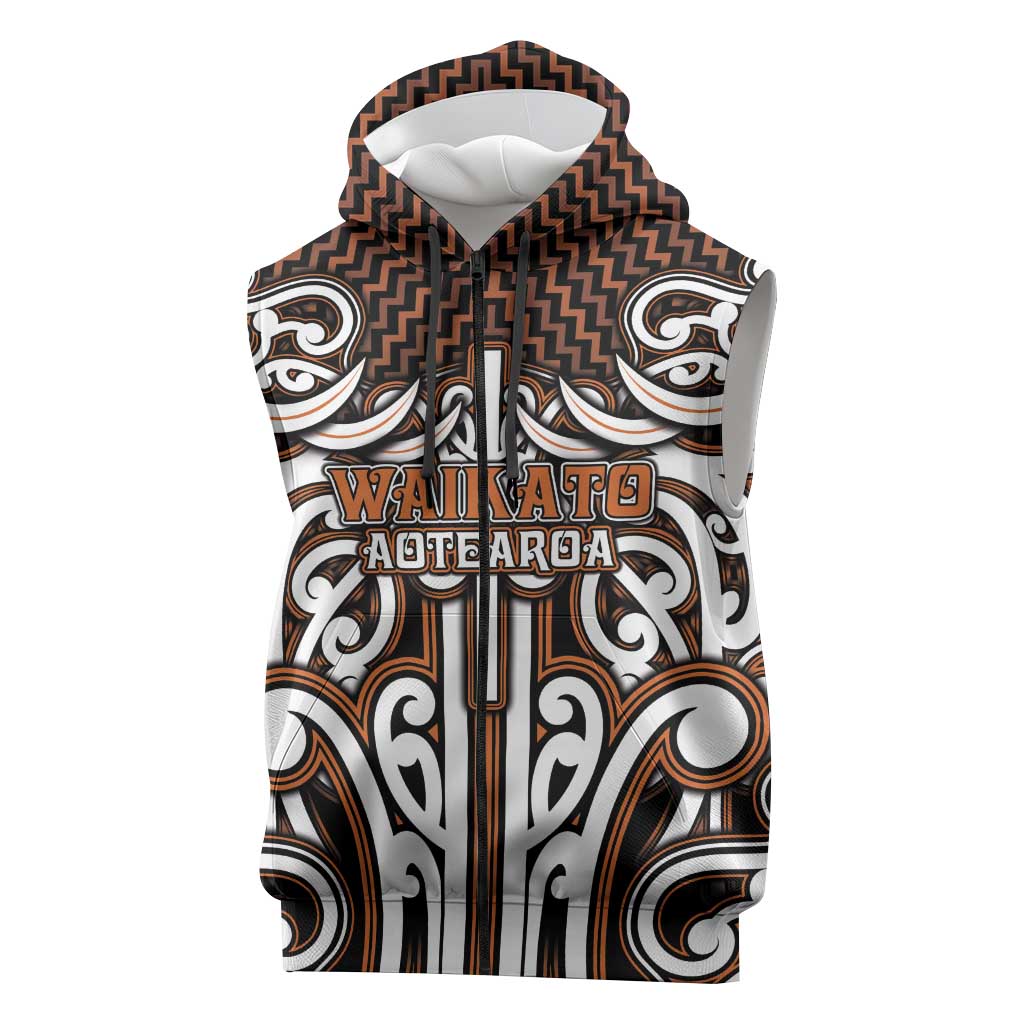Custom Aotearoa Waikato Sleeveless Zip Hoodie Maori Tribal Pattern Mix Poutama