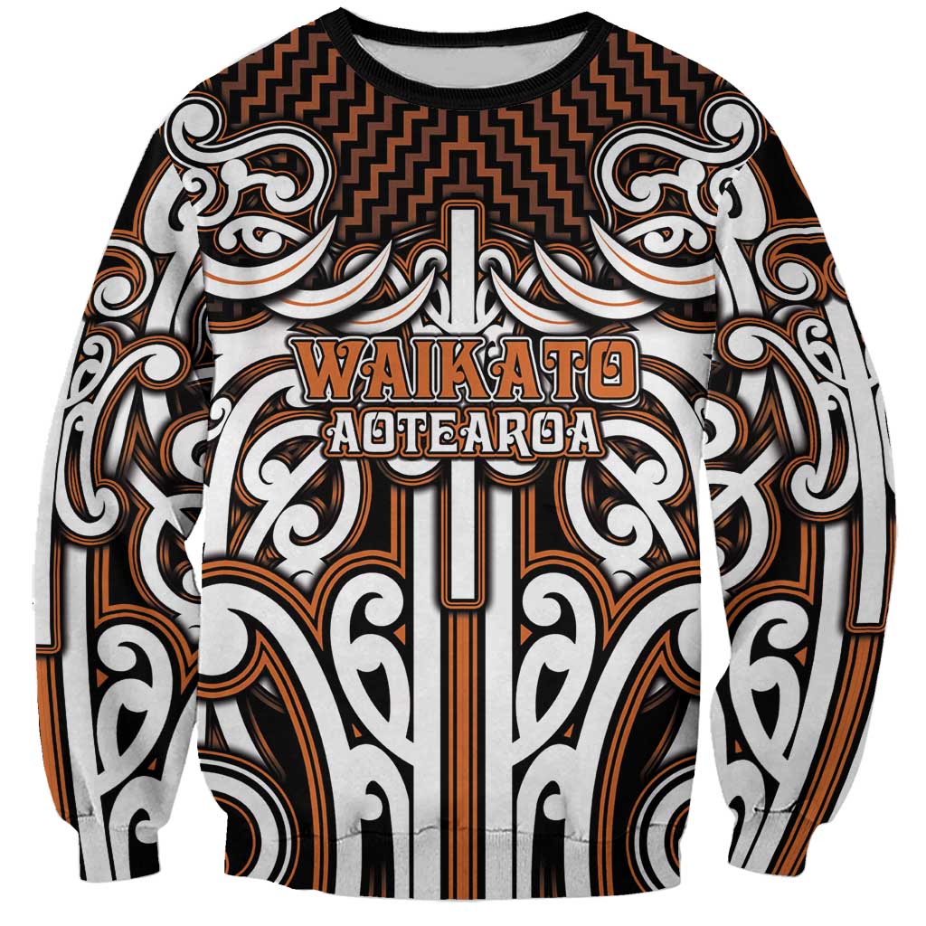 Custom Aotearoa Waikato Sweatshirt Maori Tribal Pattern Mix Poutama LT05 Unisex Orange - Polynesian Pride