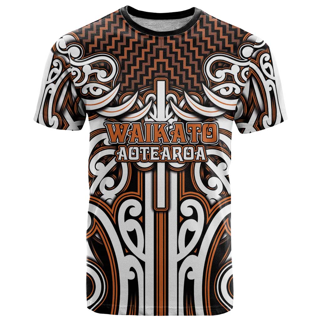 Custom Aotearoa Waikato T Shirt Maori Tribal Pattern Mix Poutama LT05 Orange - Polynesian Pride