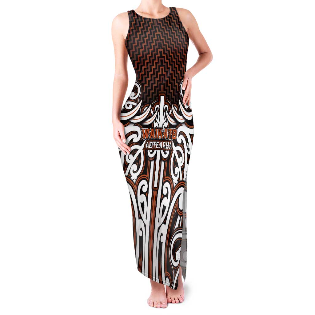 Custom Aotearoa Waikato Tank Maxi Dress Maori Tribal Pattern Mix Poutama LT05 Women Orange - Polynesian Pride