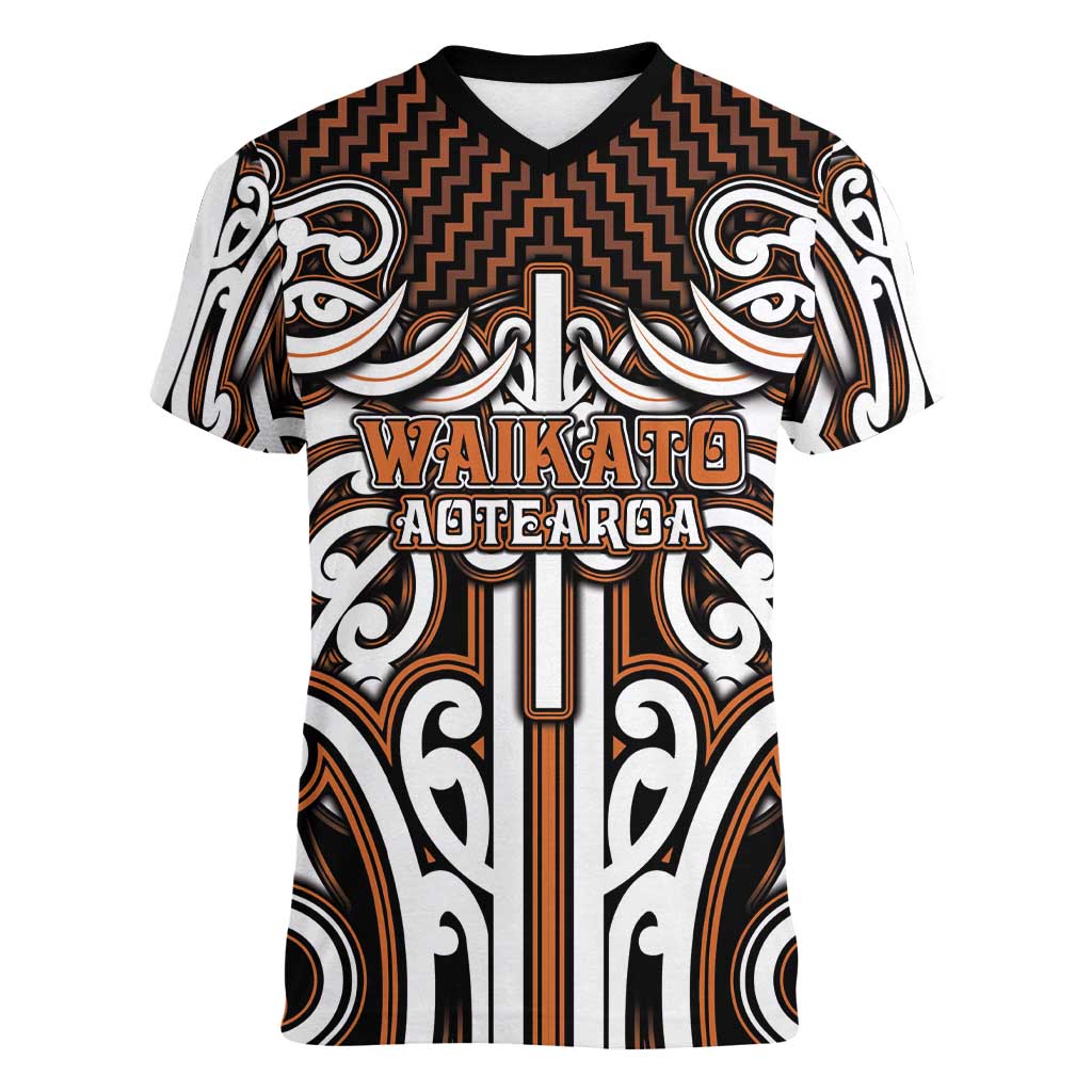 Custom Aotearoa Waikato Women V-Neck T-Shirt Maori Tribal Pattern Mix Poutama LT05 Female Orange - Polynesian Pride
