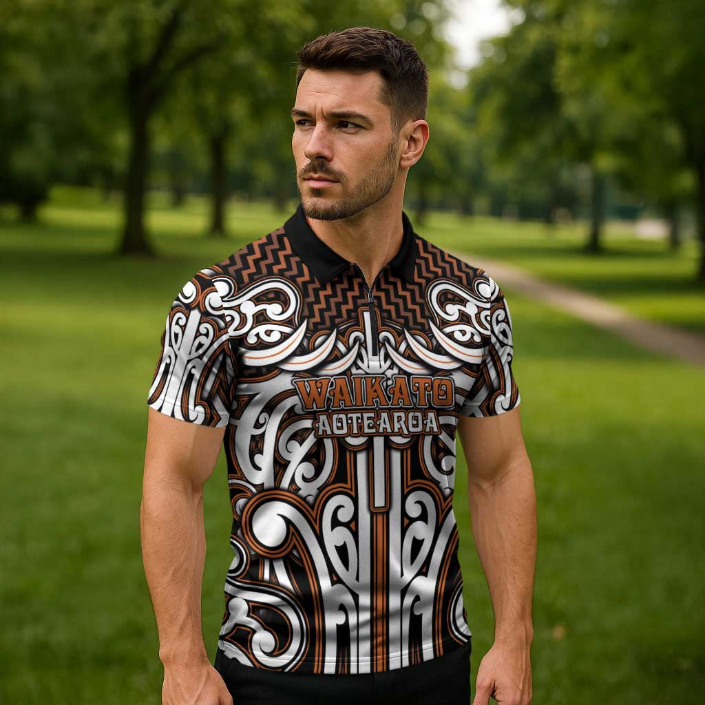 Custom Aotearoa Waikato Zipper Polo Shirt Maori Tribal Pattern Mix Poutama LT05 - Polynesian Pride