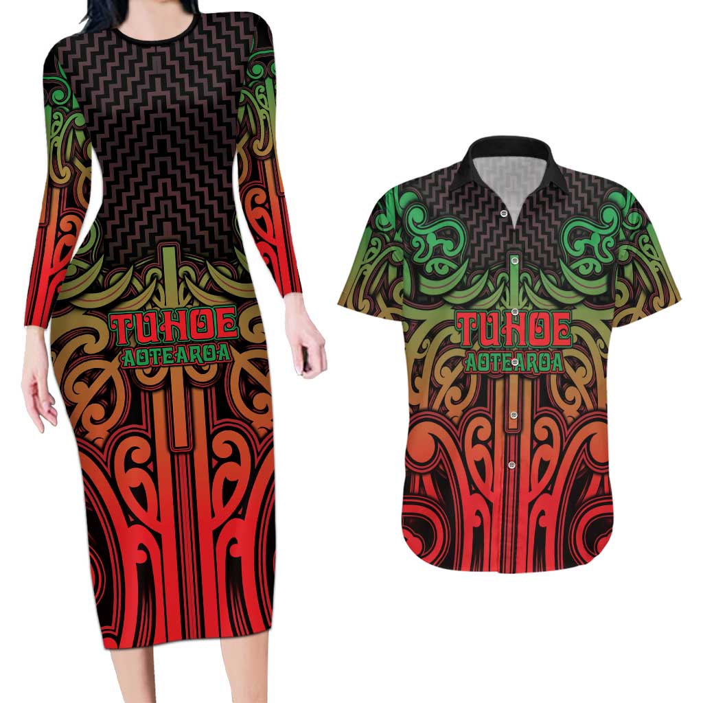 Custom Aotearoa Tuhoe Couples Matching Long Sleeve Bodycon Dress and Hawaiian Shirt Maori Tribal Pattern Mix Poutama LT05 Black - Polynesian Pride