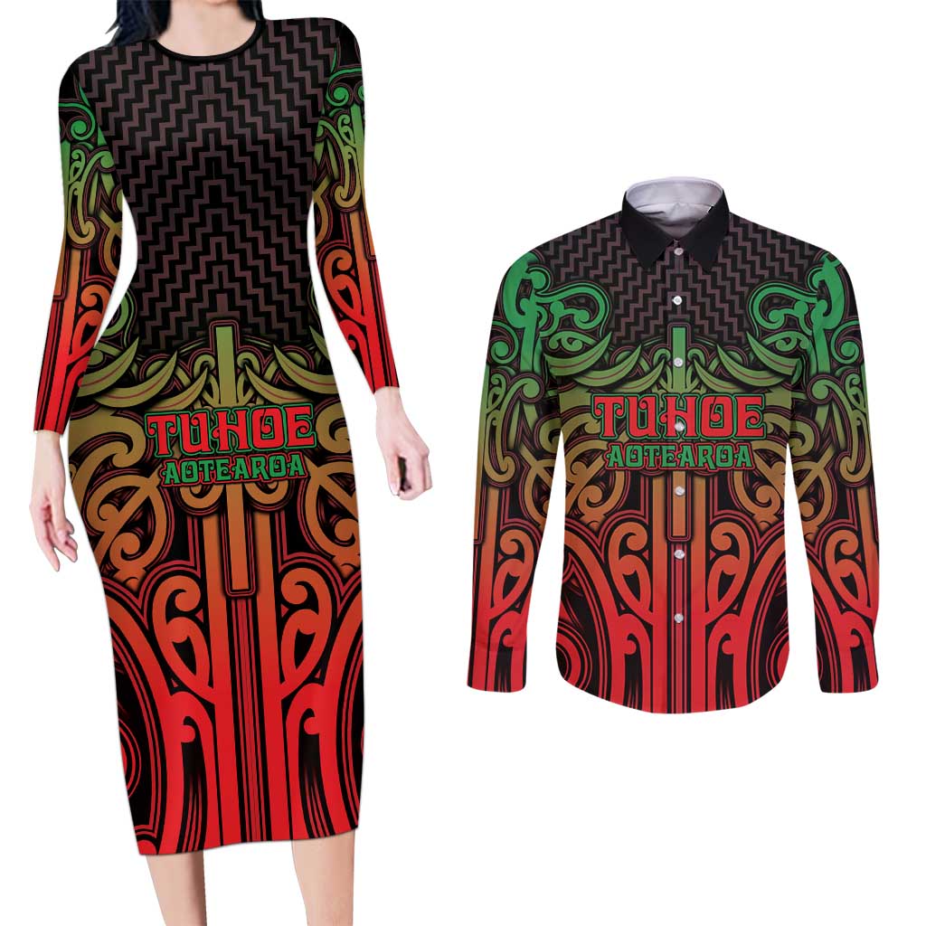 Custom Aotearoa Tuhoe Couples Matching Long Sleeve Bodycon Dress and Long Sleeve Button Shirt Maori Tribal Pattern Mix Poutama LT05 Black - Polynesian Pride