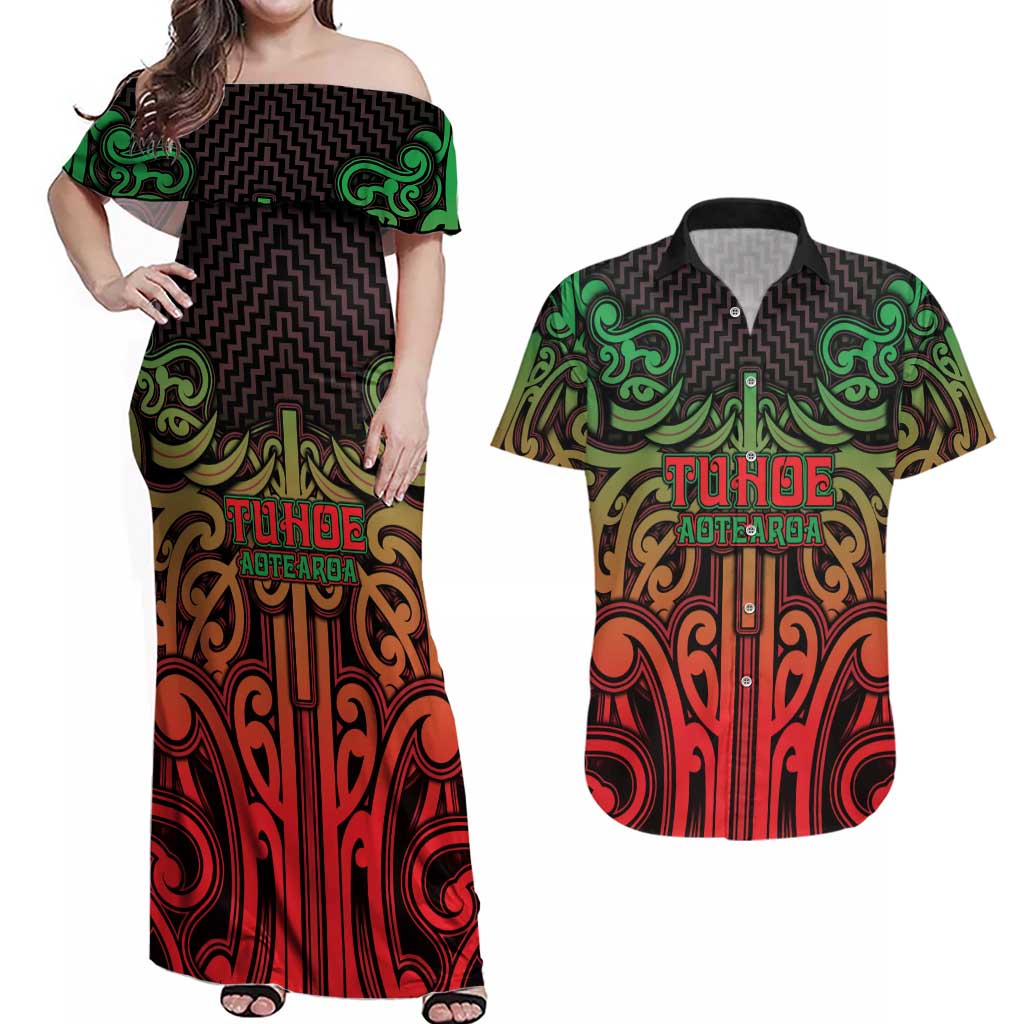 Custom Aotearoa Tuhoe Couples Matching Off Shoulder Maxi Dress and Hawaiian Shirt Maori Tribal Pattern Mix Poutama LT05 Black - Polynesian Pride
