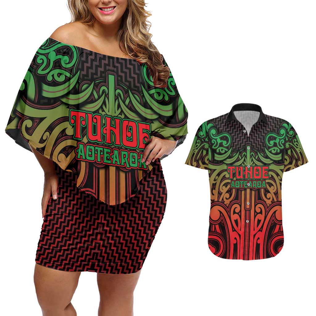 Custom Aotearoa Tuhoe Couples Matching Off Shoulder Short Dress and Hawaiian Shirt Maori Tribal Pattern Mix Poutama LT05 Black - Polynesian Pride
