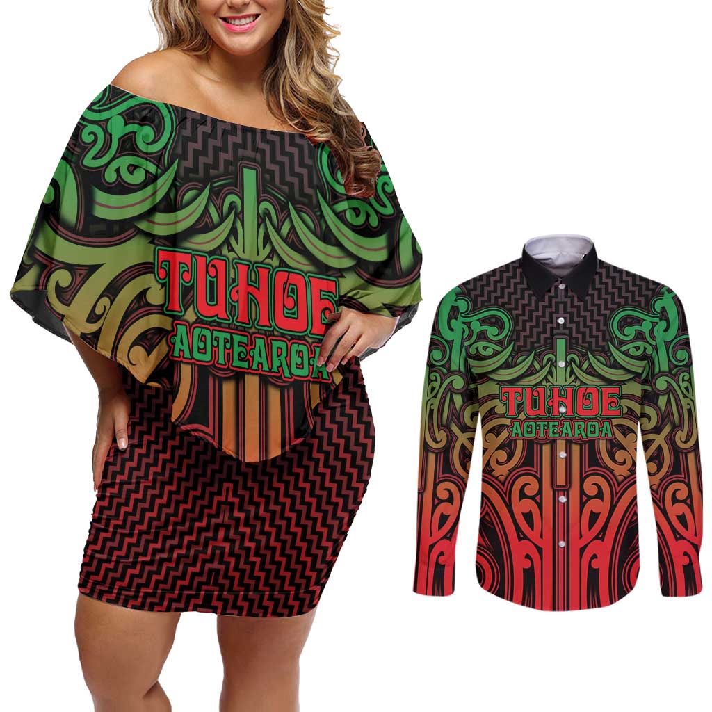 Custom Aotearoa Tuhoe Couples Matching Off Shoulder Short Dress and Long Sleeve Button Shirt Maori Tribal Pattern Mix Poutama LT05 Black - Polynesian Pride