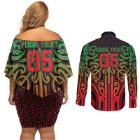 Custom Aotearoa Tuhoe Couples Matching Off Shoulder Short Dress and Long Sleeve Button Shirt Maori Tribal Pattern Mix Poutama LT05 - Polynesian Pride