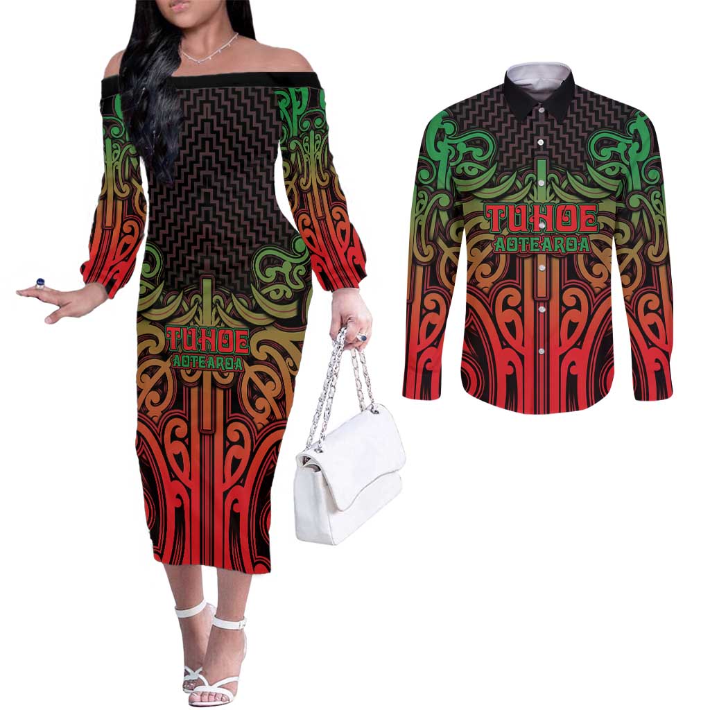 Custom Aotearoa Tuhoe Couples Matching Off The Shoulder Long Sleeve Dress and Long Sleeve Button Shirt Maori Tribal Pattern Mix Poutama LT05 Black - Polynesian Pride