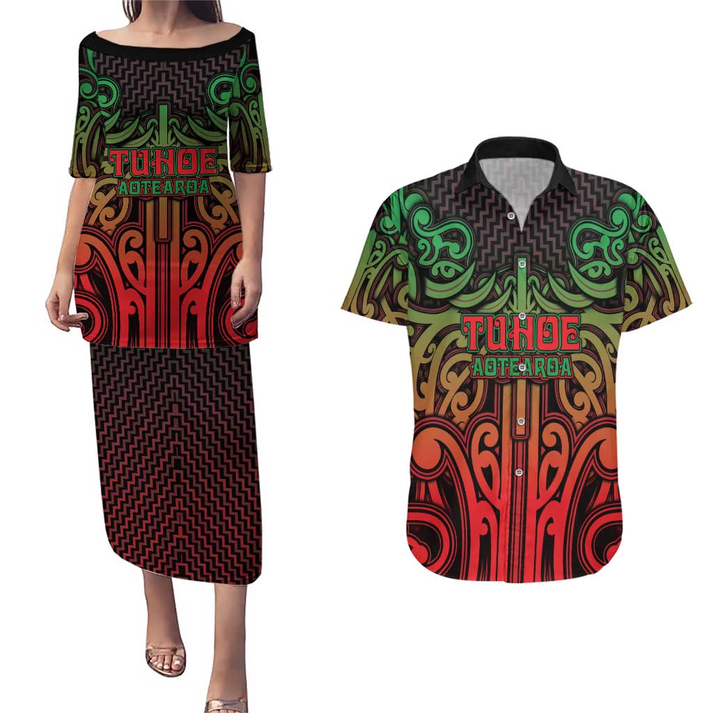 Custom Aotearoa Tuhoe Couples Matching Puletasi and Hawaiian Shirt Maori Tribal Pattern Mix Poutama LT05 Black - Polynesian Pride