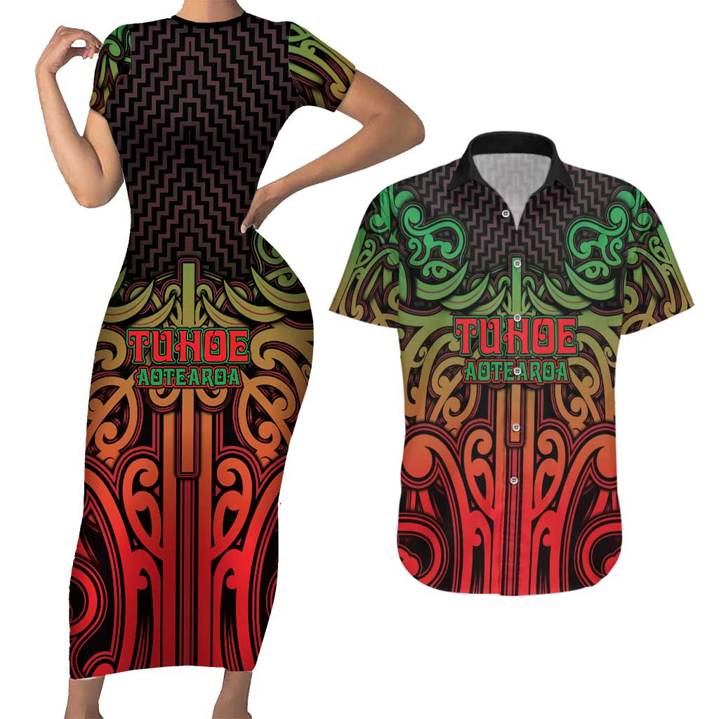 Custom Aotearoa Tuhoe Couples Matching Short Sleeve Bodycon Dress and Hawaiian Shirt Maori Tribal Pattern Mix Poutama LT05 Black - Polynesian Pride