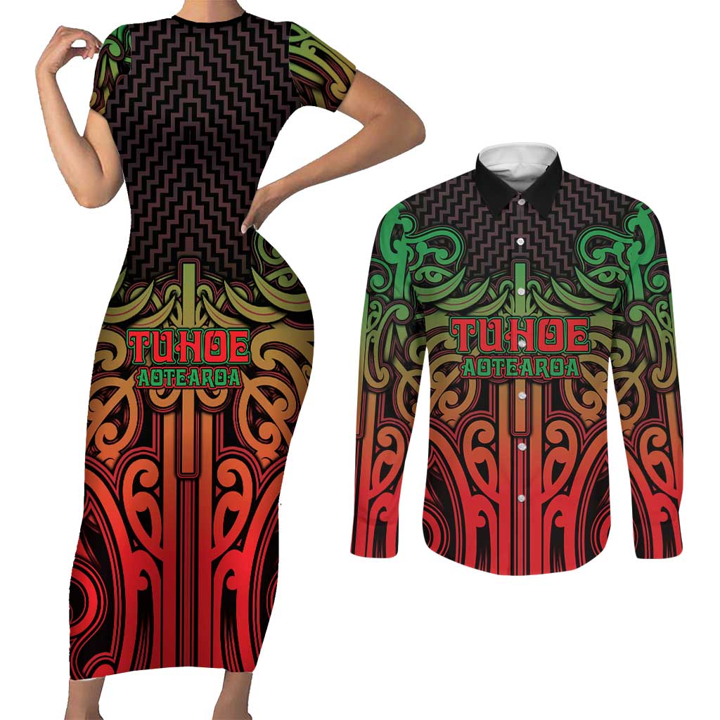 Custom Aotearoa Tuhoe Couples Matching Short Sleeve Bodycon Dress and Long Sleeve Button Shirt Maori Tribal Pattern Mix Poutama